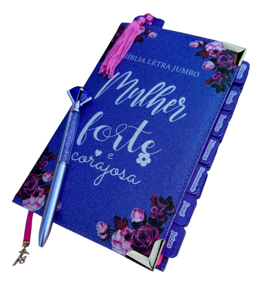 Kit Bíblia Jumbo 100% Glitter Lilás Com Abas Adesivas E Pingente Cp Dura Acolchoada + Caneta + Devocional