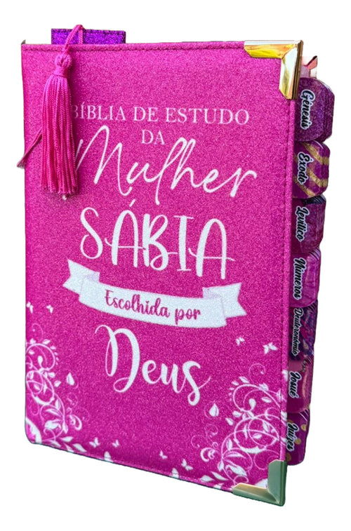 Bíblia Da Mulher Sábia De Estudos 100% Glitter Pink Arc Full Color Com Marca Paginas Personalizadas Abas Cpp Letra Grande