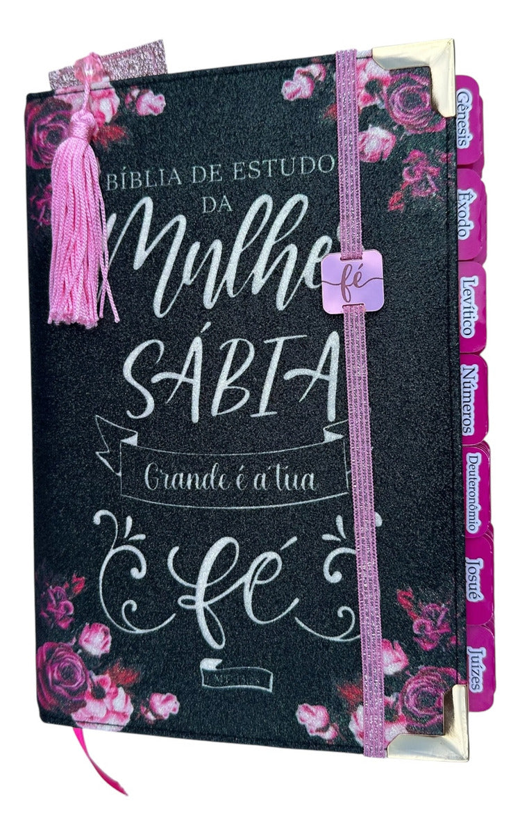 Bíblia Da Mulher Sábia De Estudos 100% Glitter Preta Com Abas Adesivas + Elástico + Marca Páginas