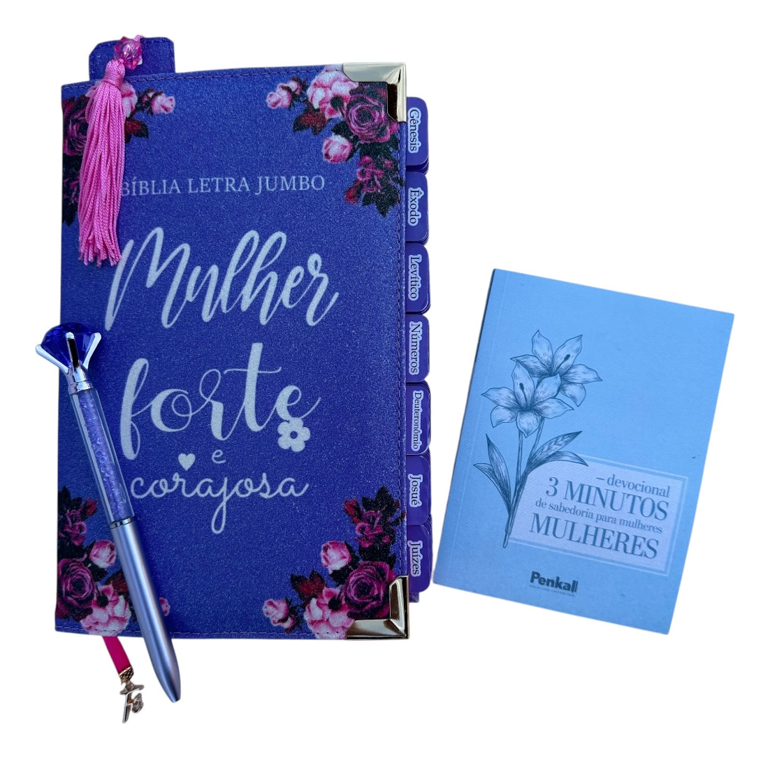 Kit Bíblia Jumbo 100% Glitter Lilás Com Abas Adesivas E Pingente Cp Dura Acolchoada + Caneta + Devocional