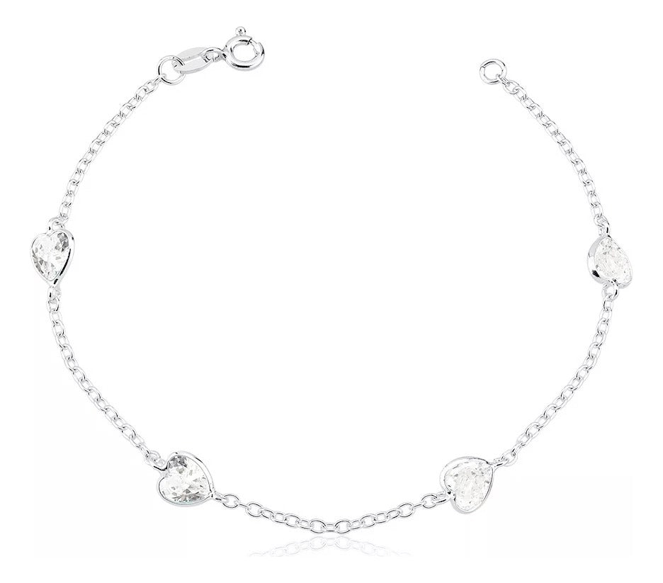Pulseira Prata 925 Legítima Coração Zircônias Feminina