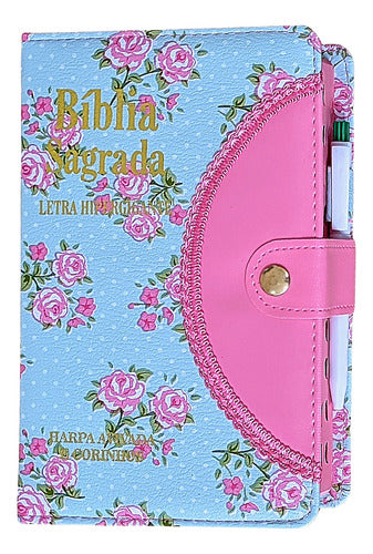 Bíblia Sagrada Com Harpa Feminina Botão Letra Hiper Gigante